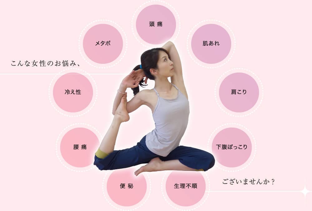 頭痛、肌あれ、肩こり、下腹ぽっこり、生理不順、便秘、腰痛、冷え性、メタボ、こんな女性のお悩みございませんか？